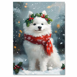 Samoyed Christmas Dog Wall Art with Red Scarf and Holly Wreath for Winter Snow Festive Puppy Holiday Artwork on Flat Rolled, Framed or Wrapped Canvas