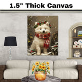Christmas Samoyed Dog Wall Art with Red Scarf and Holly Wreath for Winter Snow Festive Puppy Holiday Artwork on Flat Rolled, Framed or Wrapped Canvas