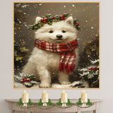 Christmas Samoyed Dog Wall Art with Red Scarf and Holly Wreath for Winter Snow Festive Puppy Holiday Artwork on Flat Rolled, Framed or Wrapped Canvas