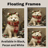 Christmas Samoyed Dog Wall Art with Red Scarf and Holly Wreath for Winter Snow Festive Puppy Holiday Artwork on Flat Rolled, Framed or Wrapped Canvas