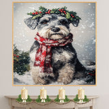 Schnauzer Christmas Dog Wall Art with Red Scarf and Holly Wreath for Winter Snow Festive Puppy Holiday Artwork on Flat Rolled, Framed or Wrapped Canvas