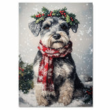 Schnauzer Christmas Dog Wall Art with Red Scarf and Holly Wreath for Winter Snow Festive Puppy Holiday Artwork on Flat Rolled, Framed or Wrapped Canvas