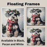 Schnauzer Christmas Dog Wall Art with Red Scarf and Holly Wreath for Winter Snow Festive Puppy Holiday Artwork on Flat Rolled, Framed or Wrapped Canvas