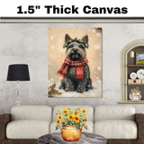 Scottish Terrier Christmas Dog Wall Art with Red Scarf and Holly Wreath for Winter Snow Festive Puppy Holiday Artwork on Flat Rolled, Framed or Wrapped Canvas