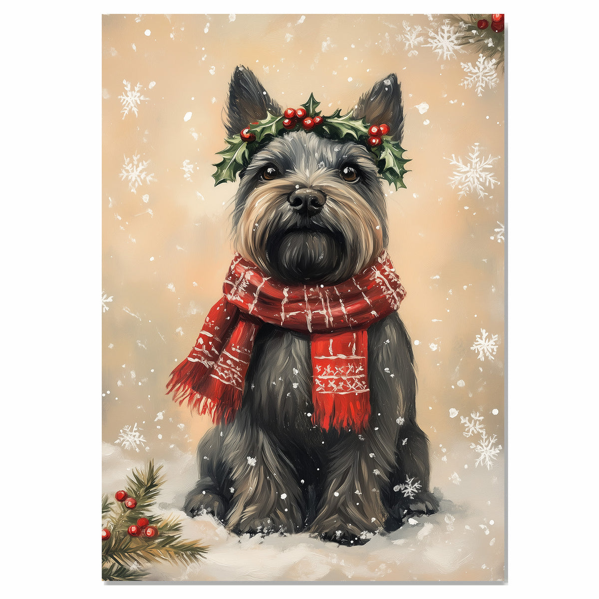 Scottish Terrier Christmas Dog Wall Art with Red Scarf and Holly Wreath for Winter Snow Festive Puppy Holiday Artwork on Flat Rolled, Framed or Wrapped Canvas