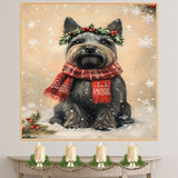 Scottish Terrier Christmas Dog Wall Art with Red Scarf and Holly Wreath for Winter Snow Festive Puppy Holiday Artwork on Flat Rolled, Framed or Wrapped Canvas