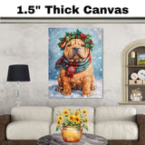 Shar Pei Christmas Dog Wall Art with Red Scarf and Holly Wreath for Winter Snow Festive Puppy Holiday Artwork on Flat Rolled, Framed or Wrapped Canvas