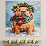 Shar Pei Christmas Dog Wall Art with Red Scarf and Holly Wreath for Winter Snow Festive Puppy Holiday Artwork on Flat Rolled, Framed or Wrapped Canvas