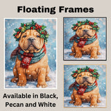 Shar Pei Christmas Dog Wall Art with Red Scarf and Holly Wreath for Winter Snow Festive Puppy Holiday Artwork on Flat Rolled, Framed or Wrapped Canvas