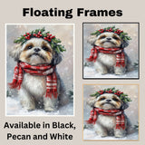 Shih Tzu Christmas Dog Wall Art with Red Scarf and Holly Wreath for Winter Snow Festive Puppy Holiday Artwork on Flat Rolled, Framed or Wrapped Canvas