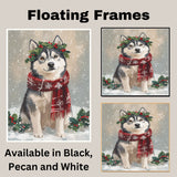Siberian Husky Christmas Dog Wall Art with Red Scarf and Holly Wreath for Winter Snow Festive Puppy Holiday Artwork on Flat Rolled, Framed or Wrapped Canvas