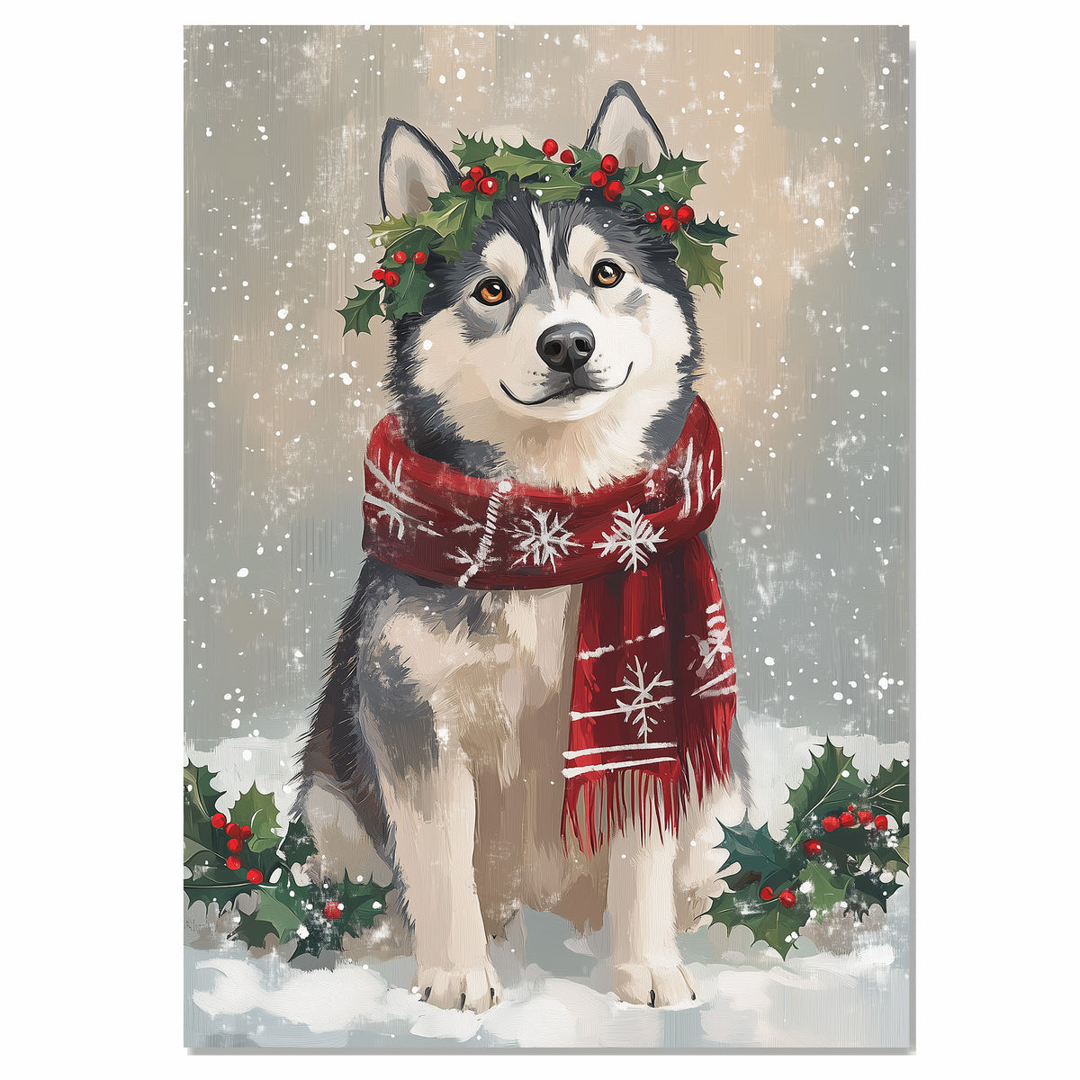 Siberian Husky Christmas Dog Wall Art with Red Scarf and Holly Wreath for Winter Snow Festive Puppy Holiday Artwork on Flat Rolled, Framed or Wrapped Canvas