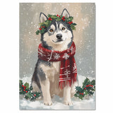 Siberian Husky Christmas Dog Wall Art with Red Scarf and Holly Wreath for Winter Snow Festive Puppy Holiday Artwork on Flat Rolled, Framed or Wrapped Canvas