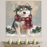 Siberian Husky Christmas Dog Wall Art with Red Scarf and Holly Wreath for Winter Snow Festive Puppy Holiday Artwork on Flat Rolled, Framed or Wrapped Canvas