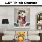 Siberian Husky Christmas Dog Wall Art with Red Scarf and Holly Wreath for Winter Snow Festive Puppy Holiday Artwork on Flat Rolled, Framed or Wrapped Canvas