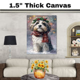 Tibetan Terrier Christmas Dog Wall Art with Red Scarf and Holly Wreath for Winter Snow Festive Puppy Holiday Artwork on Flat Rolled, Framed or Wrapped Canvas