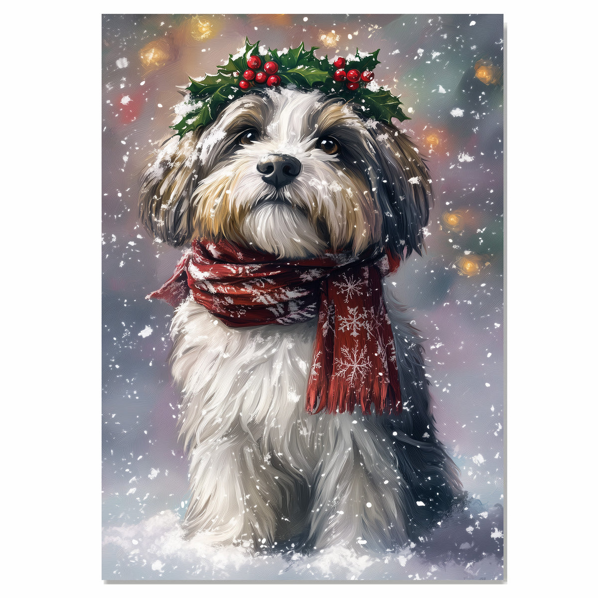 Tibetan Terrier Christmas Dog Wall Art with Red Scarf and Holly Wreath for Winter Snow Festive Puppy Holiday Artwork on Flat Rolled, Framed or Wrapped Canvas