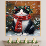 Tuxedo Cat Christmas Wall Art with Red Scarf and Holly Wreath for Winter Snow Festive Puppy Holiday Artwork on Flat Rolled, Framed or Wrapped Canvas