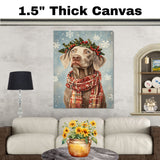 Weimaraner Christmas Dog Wall Art with Red Scarf and Holly Wreath for Winter Snow Festive Puppy Holiday Artwork on Flat Rolled, Framed or Wrapped Canvas