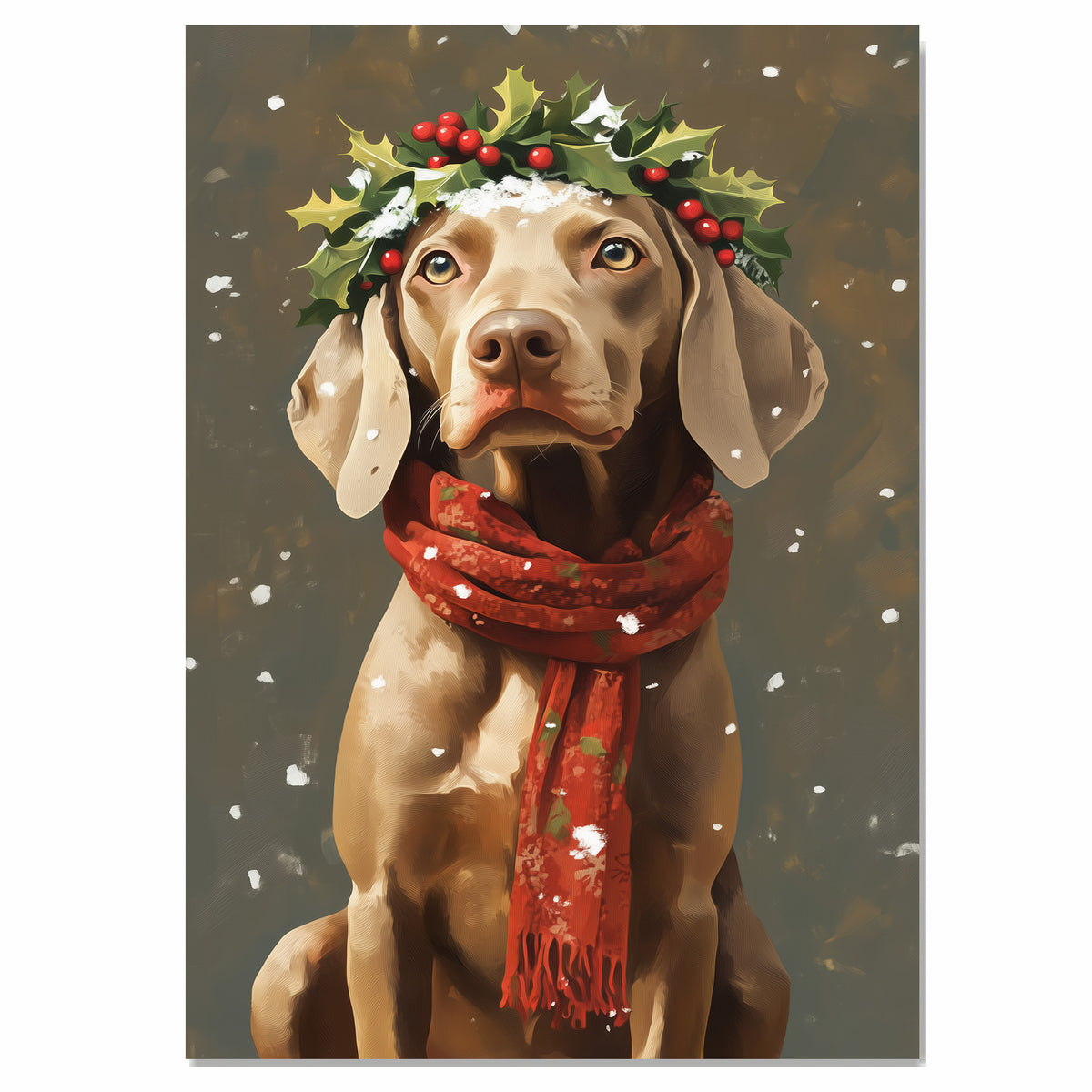 Christmas Weimaraner Dog Wall Art with Red Scarf and Holly Wreath for Winter Snow Festive Puppy Holiday Artwork on Flat Rolled, Framed or Wrapped Canvas