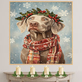 Weimaraner Christmas Dog Wall Art with Red Scarf and Holly Wreath for Winter Snow Festive Puppy Holiday Artwork on Flat Rolled, Framed or Wrapped Canvas
