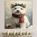 West Highland Terrier Christmas Dog Wall Art with Red Scarf and Holly Wreath for Winter Snow Festive Puppy Holiday Artwork on Flat Rolled, Framed or Wrapped Canvas