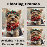 Yorkshire Terrier Christmas Dog Wall Art with Red Scarf and Holly Wreath for Winter Snow Festive Puppy Holiday Artwork on Flat Rolled, Framed or Wrapped Canvas